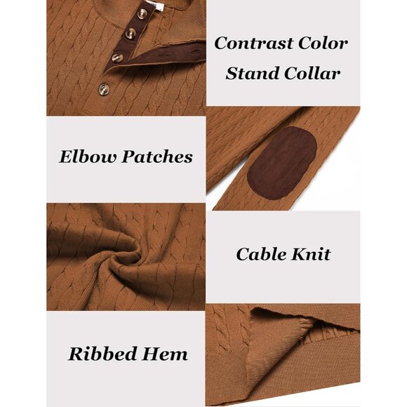 Men's Cable Knit Pullover Sweater Long Sleeve Stand Collar Button Up Light Brown - Picture 6 of 6